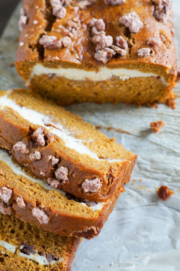 Pumpkin Cream Cheese Bread with Cinnamon Sugar Pecans Bake at 350°
